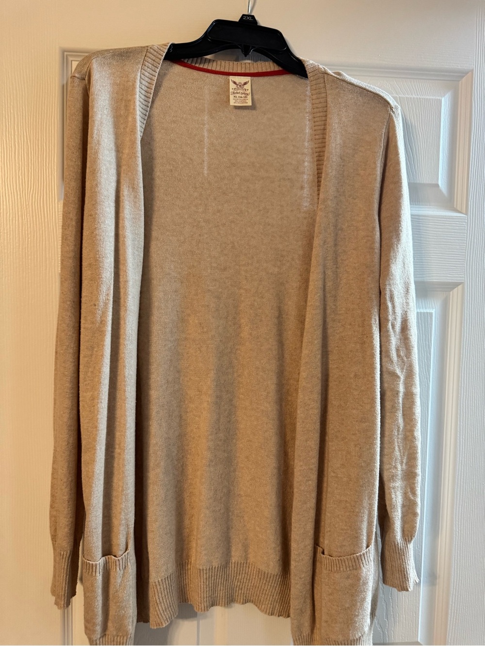 Faded Glory Beige Open-Front Sweater with Red Trim